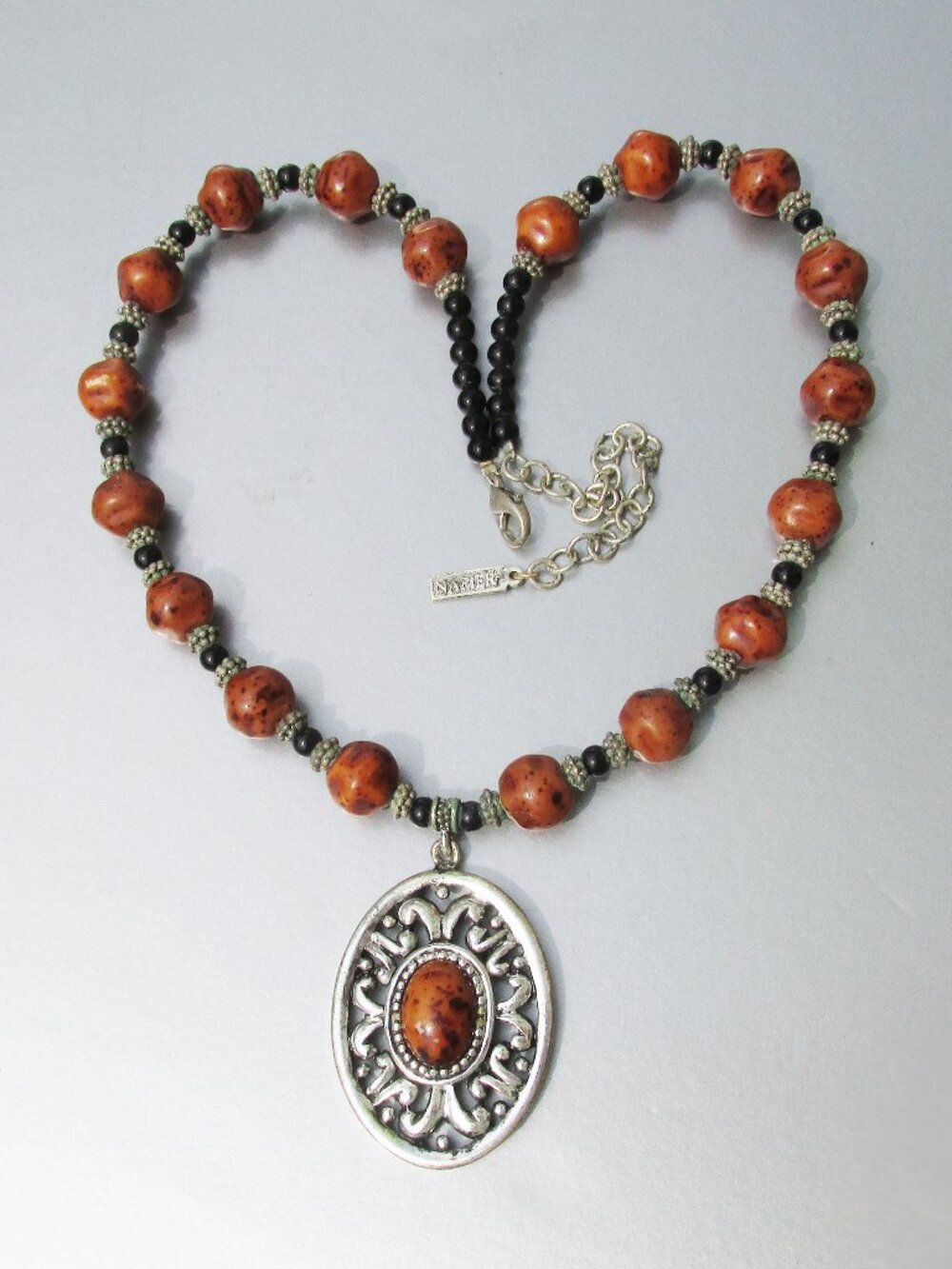 Vintage Signed NAPIER Black & Copper Ceramic Bead Silver Tone Pendant Necklace